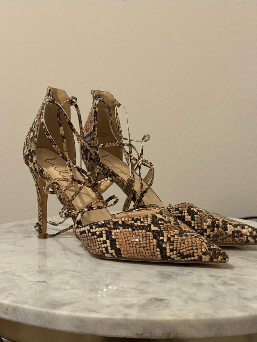 Lace-Up Pointed Toe Heels in Snake Print